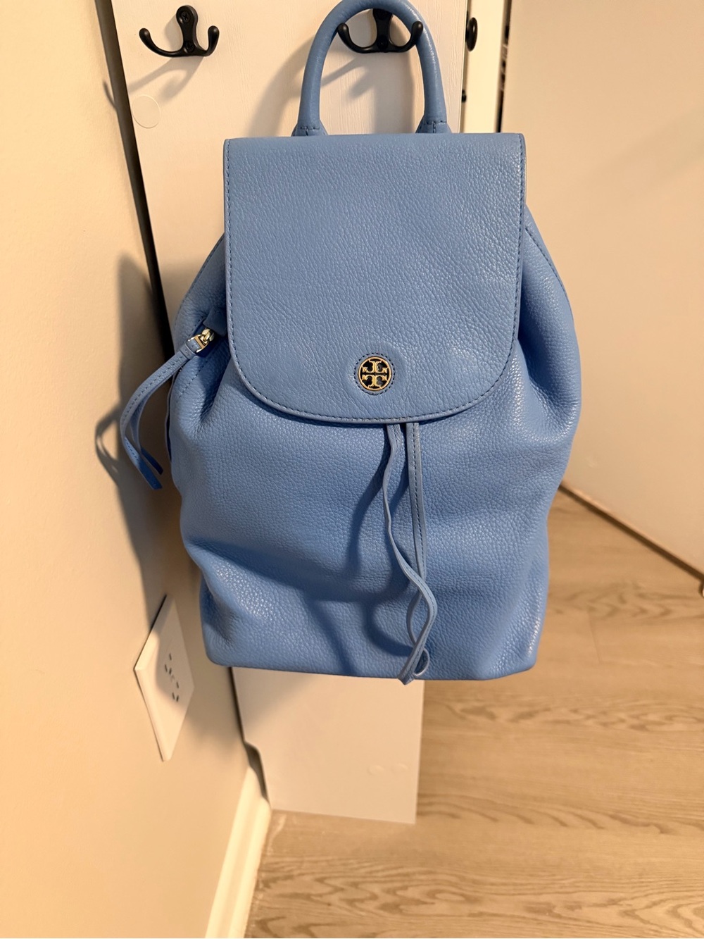 Tory Burch Light Blue Pebbled Leather Drawstring Backpack